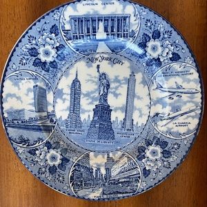 Vintage New York City Plate Blue and White w Historical Landmarks